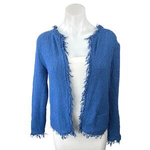 IRO Shavani Blue Frayed Fringe Boucle-Knit Open Front Crop Blazer Coat Jacket 4